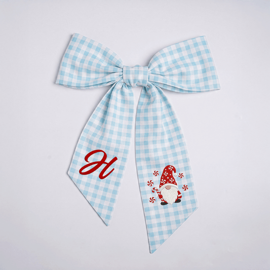 Personalized Monogram Christmas Gnome Embroidered Linen Wreath Sash, Custom Holiday Initial Bow Sash for Door Decor
