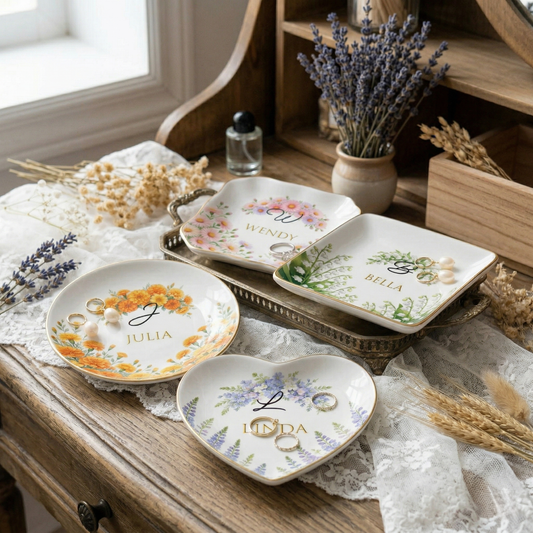 Personalized Birth Month Flower Ring Dish Custom Name Jewelry Trinket Dish