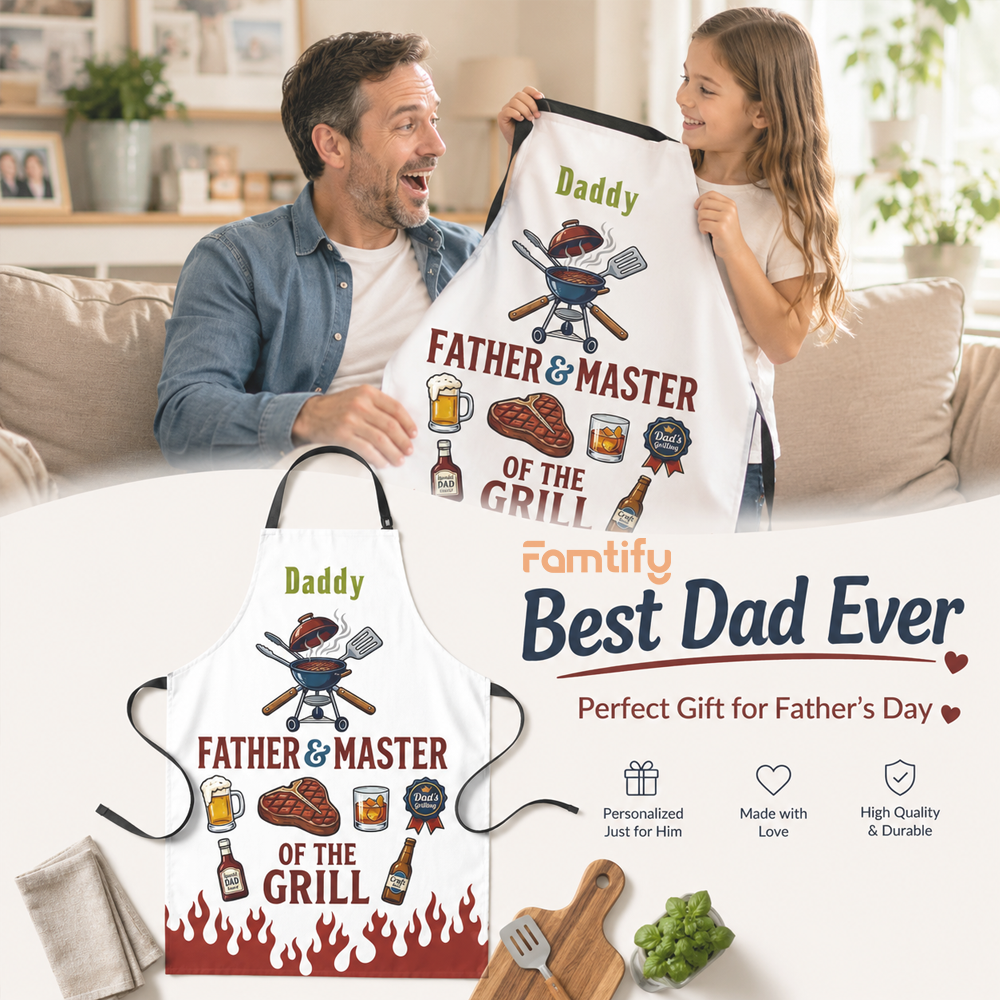 Father and Master of the Grill Apron – Funny BBQ Cooking Gift for Dad