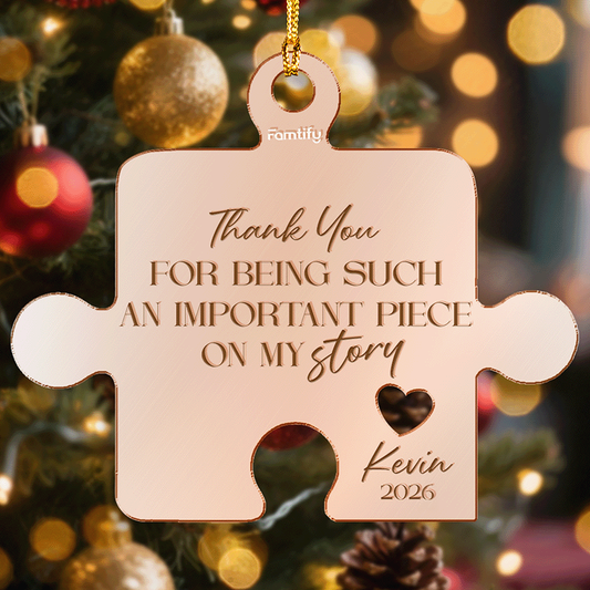 Rose gold mirrored puzzle piece thank you name ornament