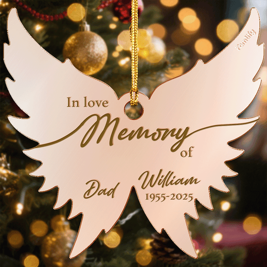Rose gold mirrored angel wings memorial ornament with a name and years