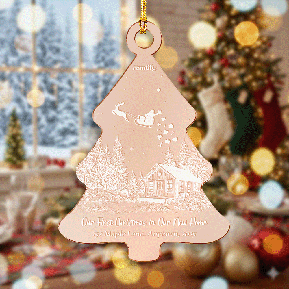 Personalized Christmas Tree Mirrored Acrylic Ornament - Gift For New Homeowner