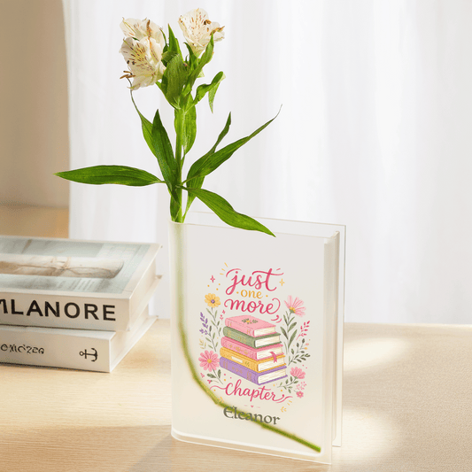 Personalized Just One More Chapter Acrylic Book Vase - Custom Name, Floral Book Stack Design