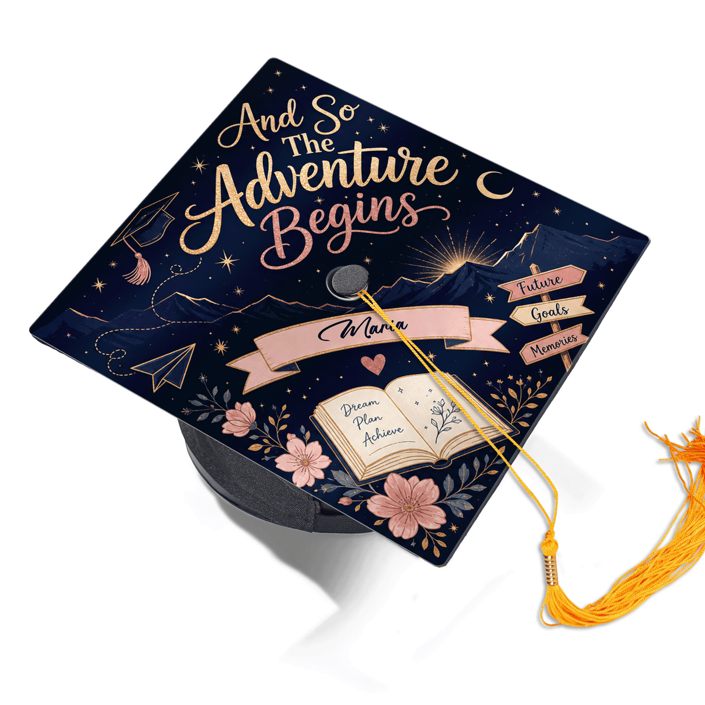 Personalized And So The Adventure Begins Graduation Cap Topper