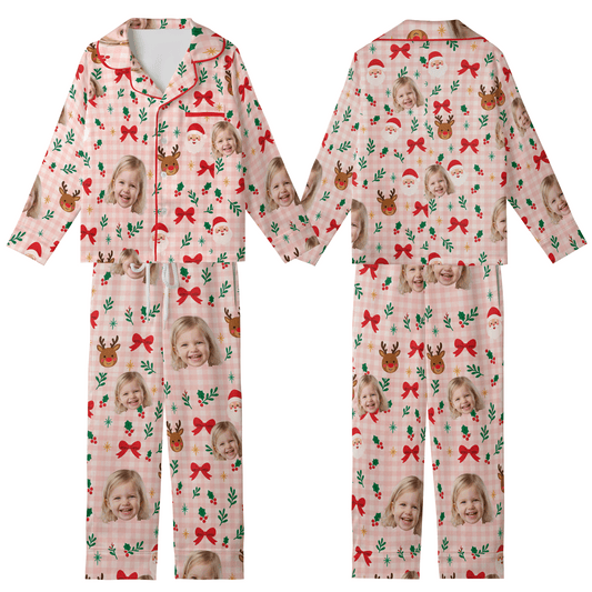 Custom Photo Pink Plaid Santa Reindeer Christmas All-Over Print Kids Satin Pajama Set, Personalized Photo Long Sleeve Sleepwear Set for Girls