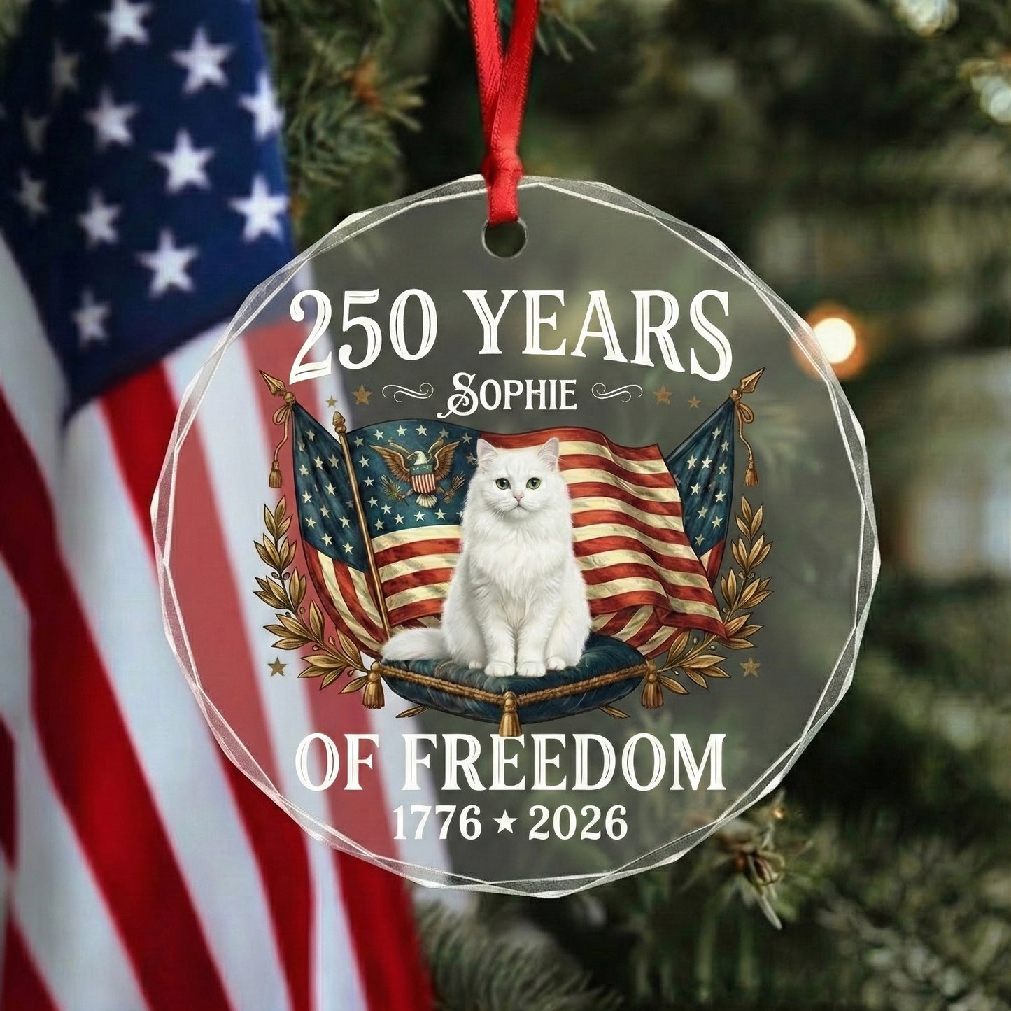 Personalized Cat Name 250 America Glass Ornament – Patriotic USA Keepsake