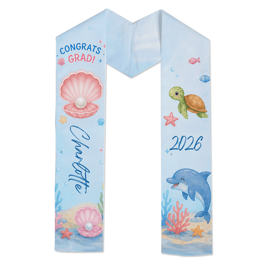 Personalized Ocean Turtle and Pearl Kid Graduation Stole - Custom Name