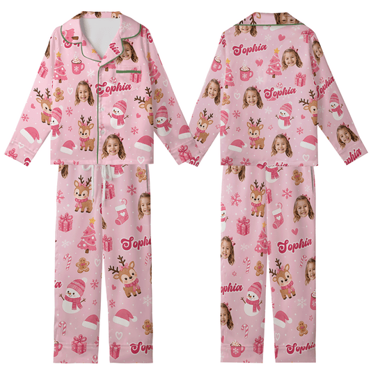 Custom Photo Pink Christmas Reindeer Snowman All-Over Print Kids Satin Pajama Set, Personalized Name Long Sleeve Sleepwear Set for Girls