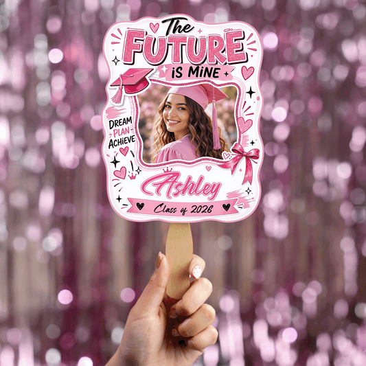 The Future Is Mine Pink Custom Shape Photo Hand Fan with Photo, Name Graduation Party Fan