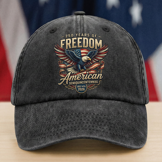 250 Years of Freedom American Eagle Washed Denim Baseball Cap - Custom Name Patriotic USA Hat 1776-2026