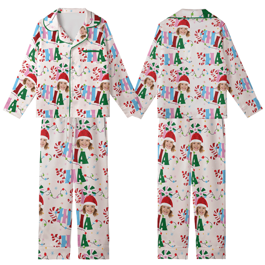 Custom Photo Ho Ho Ho Christmas String Lights All-Over Print Kids Satin Pajama Set, Personalized Photo Long Sleeve Sleepwear Set for Boys and Girls