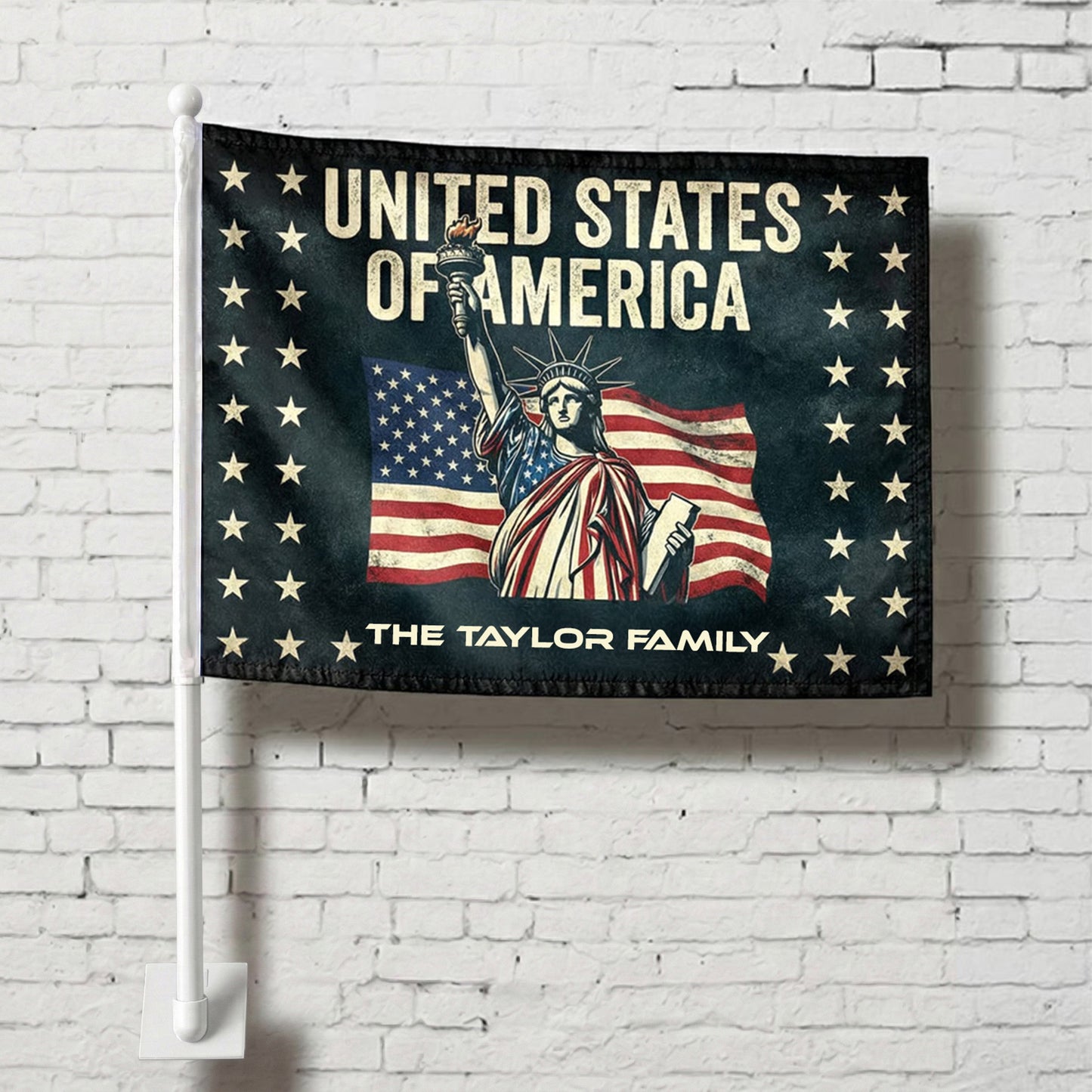 Personalized Statue of Liberty Patriotic Car Flag – Custom Family Name USA Flag