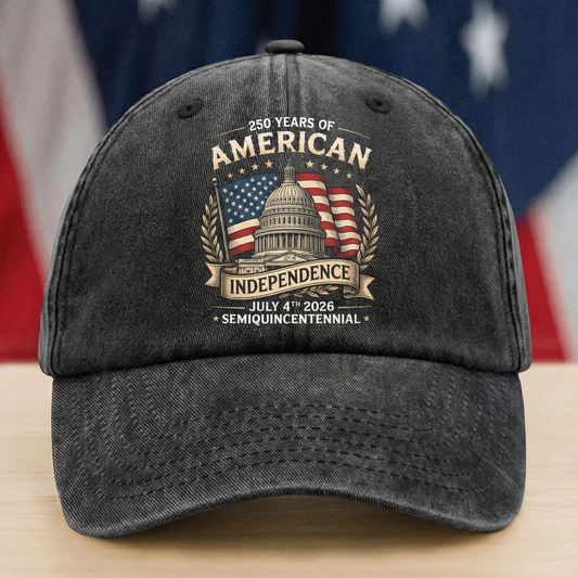 250 Years of American Independence - Patriotic Independence Day 2026 Gift for Americans - Personalized Washed Denim Baseball Cap