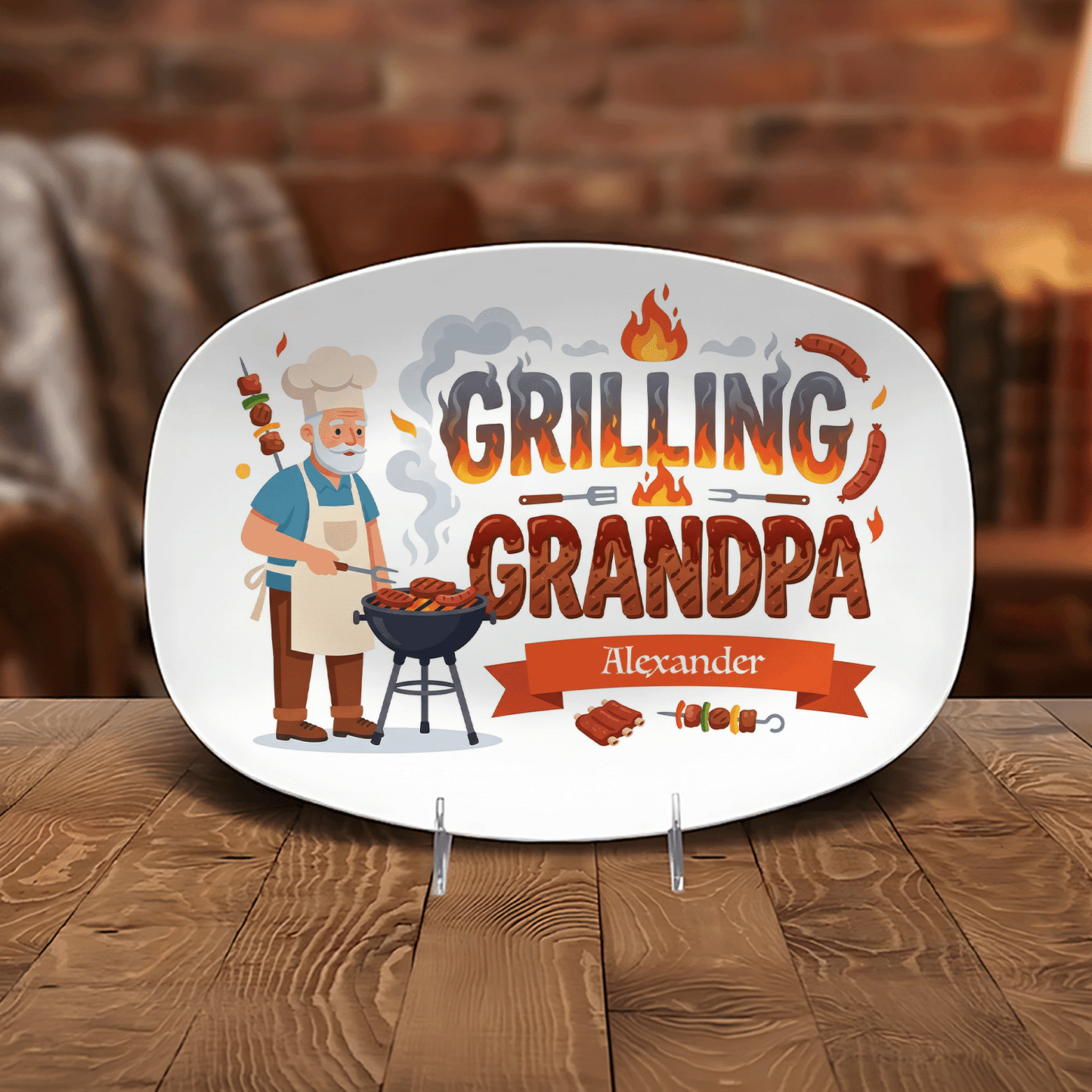 Personalized Grandpa Name Grilling Plate – Custom BBQ Decorative Keepsake for Grandpa