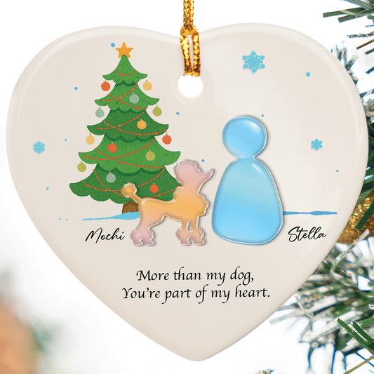 More Than My Dog heart ornament with a poodle, a person and a Christmas tree