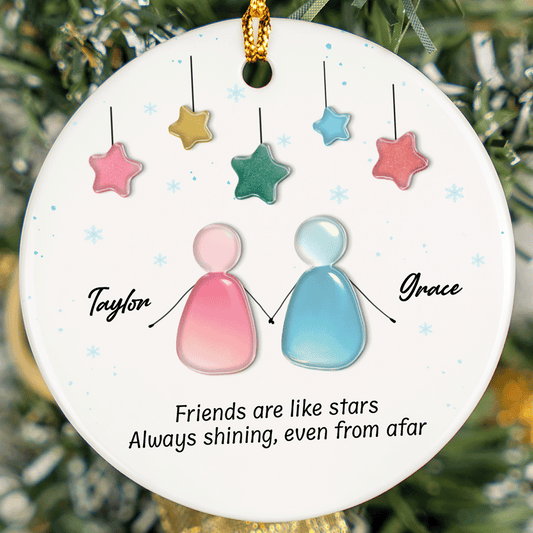 Round friendship ornament with two sea glass friends, two names and Friends Are Like Stars, Always Shining