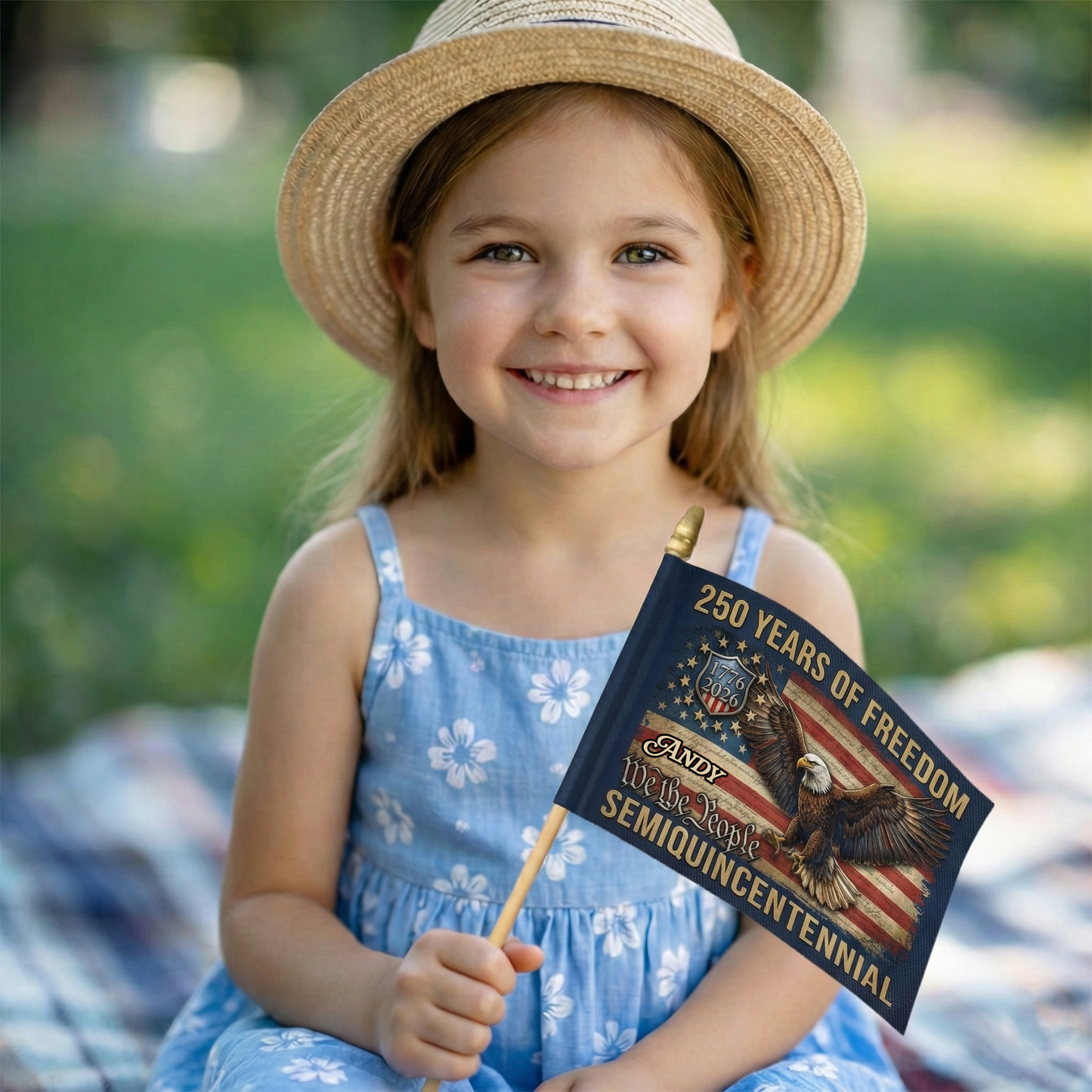 250 Years of Freedom Patriotic Handheld Flag – Custom Name USA Eagle Flag