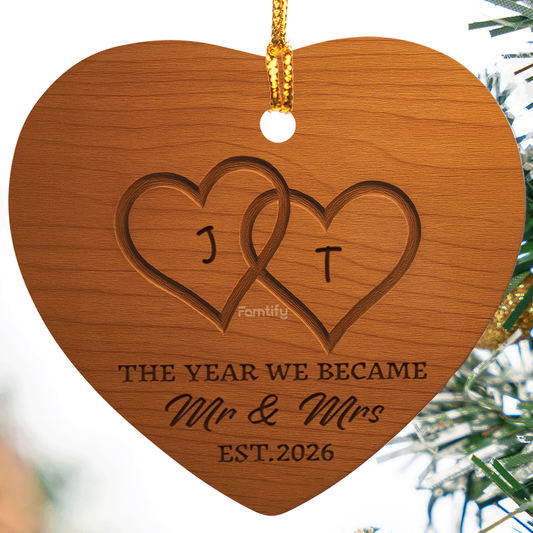 Wood grain heart ornament with carved linked hearts, custom initials and The Year We Became Mr & Mrs text