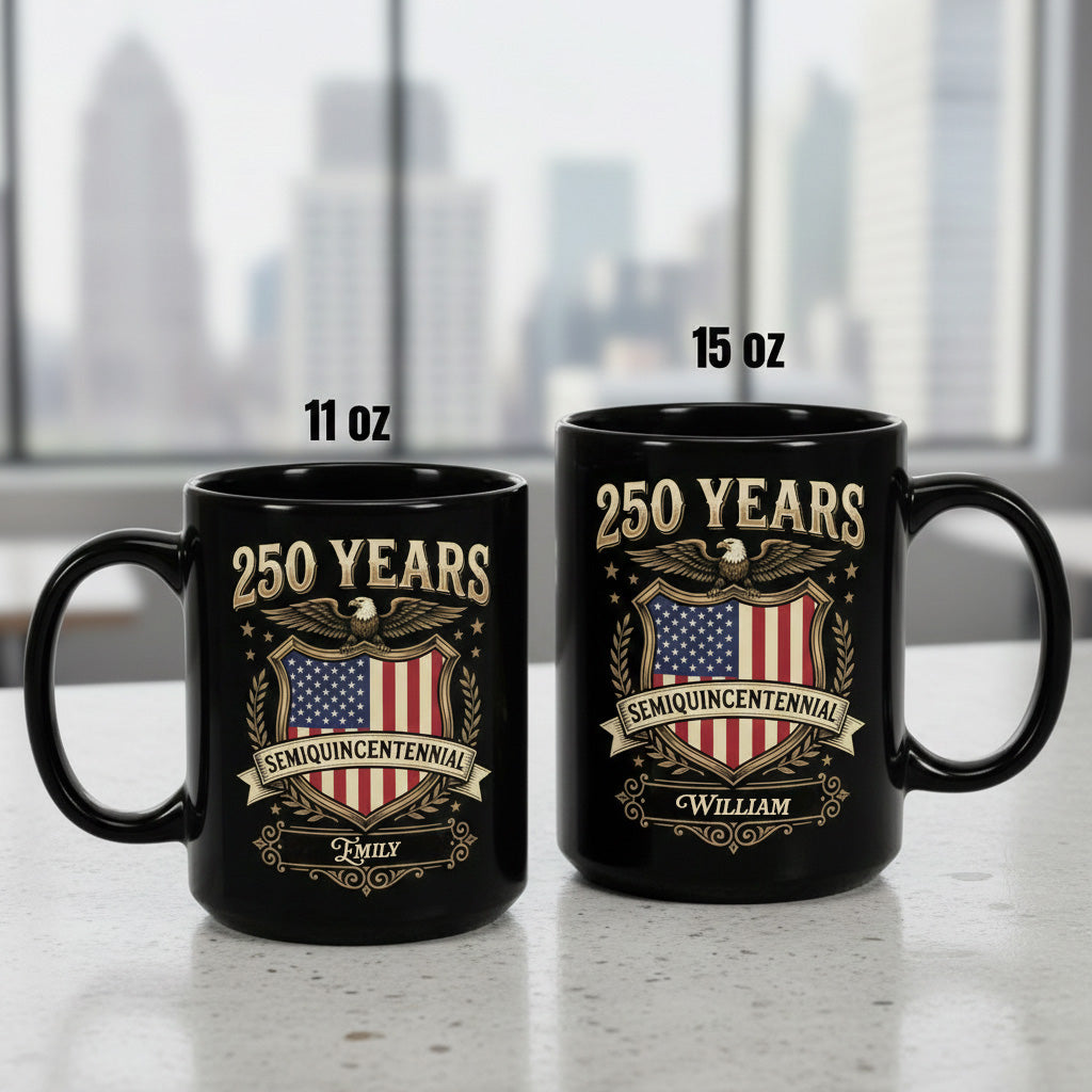 Celebrate 250th Anniversary United States Semiquincentennial Personalized Black Mug – America 250 Years Patriotic Eagle Shield Mug
