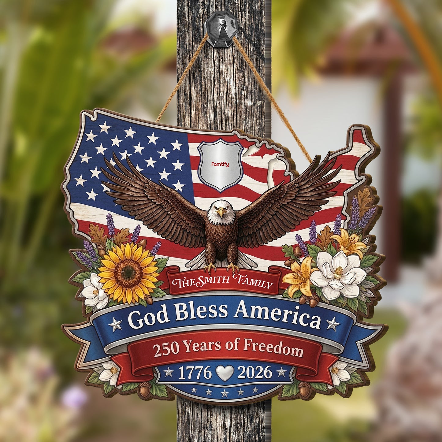 God Bless America 250 Years Of Freedom Custom Wood Sign USA Eagle Family Name Patriotic Decor