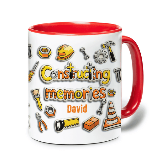 Personalized Dad Construction Mug - "Constructing Memories" Custom Name Coffee Mug