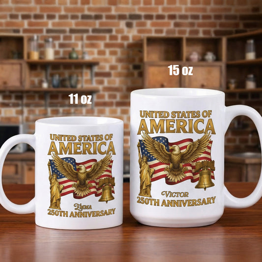 United States of America 250th Anniversary Personalized White Mug - Patriotic Eagle Liberty Bell Mug