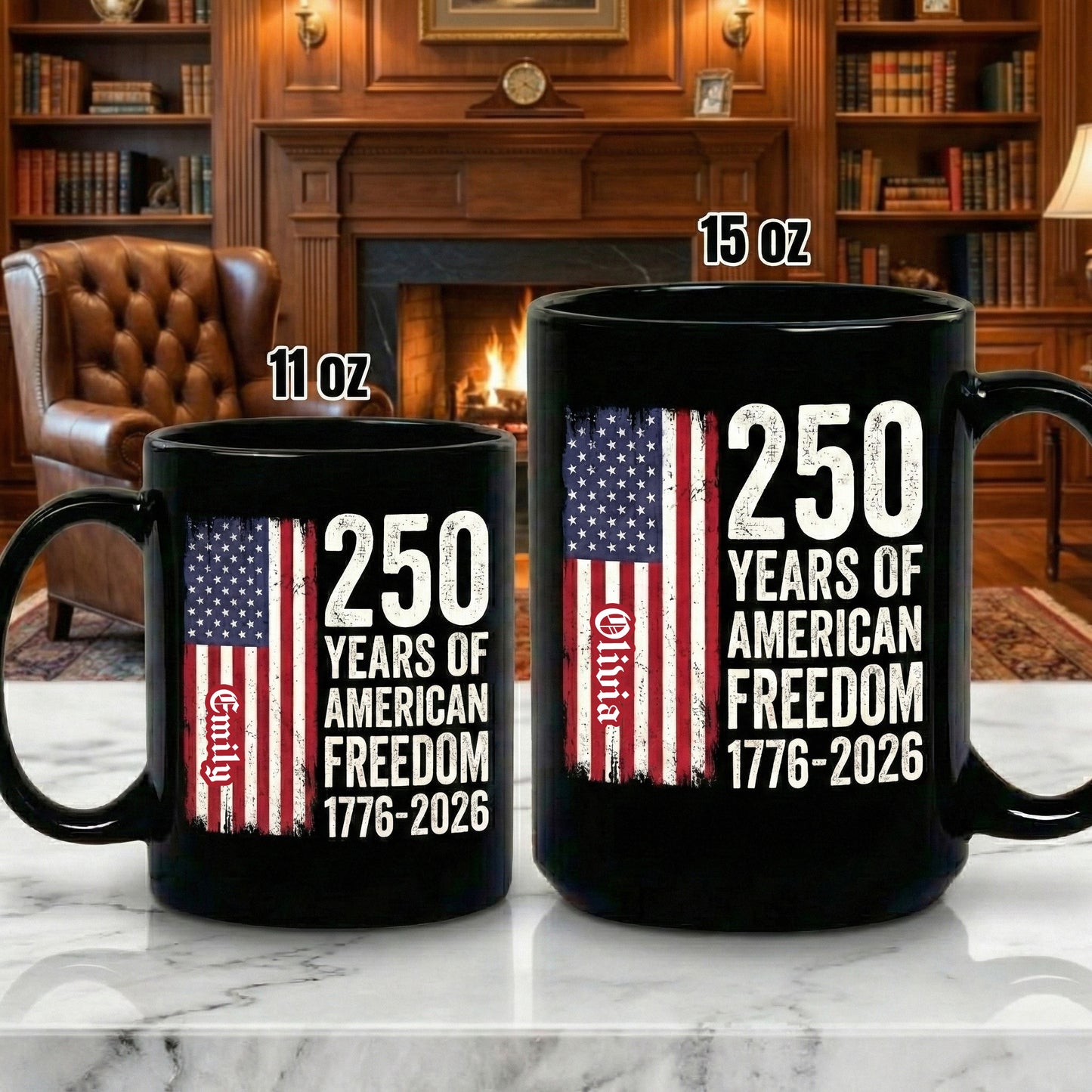 250 Years of American Freedom Personalized Black Mug – Custom Name America 250 Patriotic Mug 1776–2026