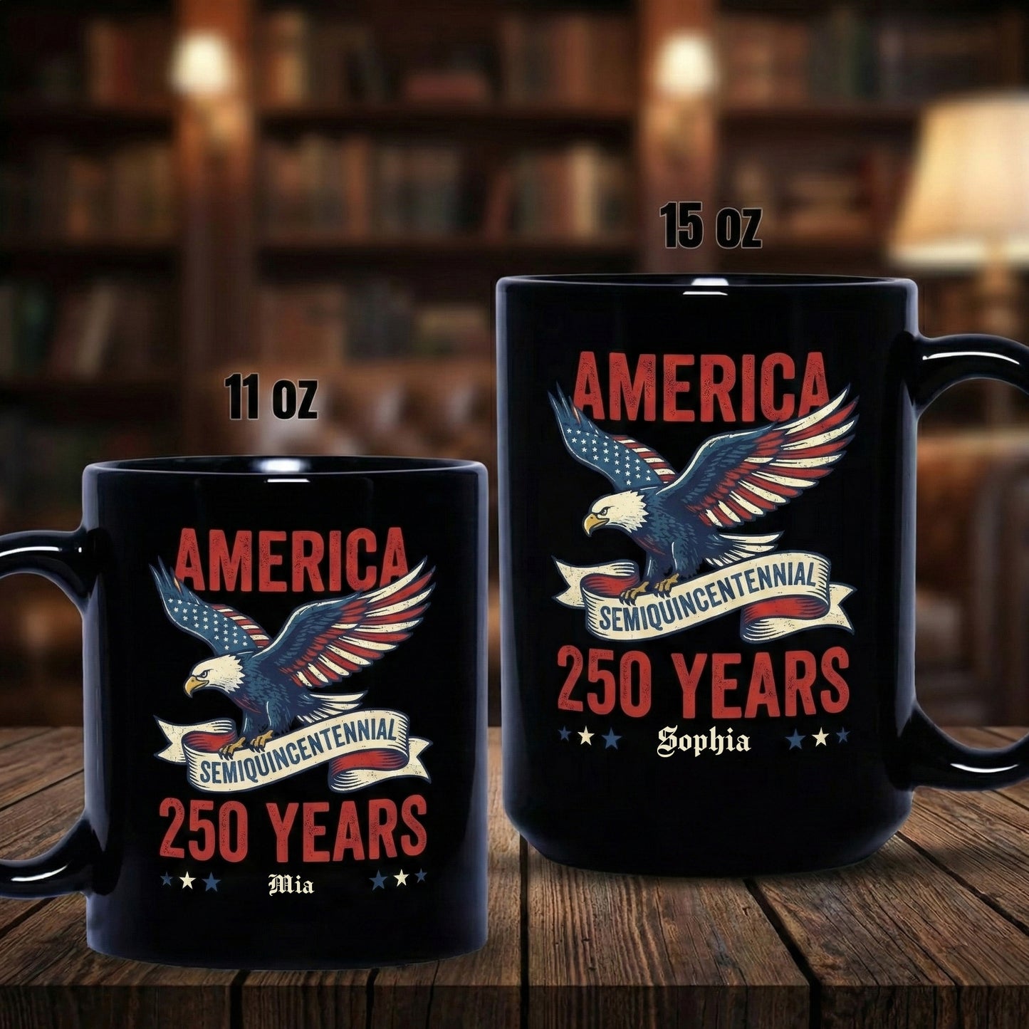 America 250 Semiquincentennial Eagle Personalized Black Mug – USA 250 Years Anniversary Mug