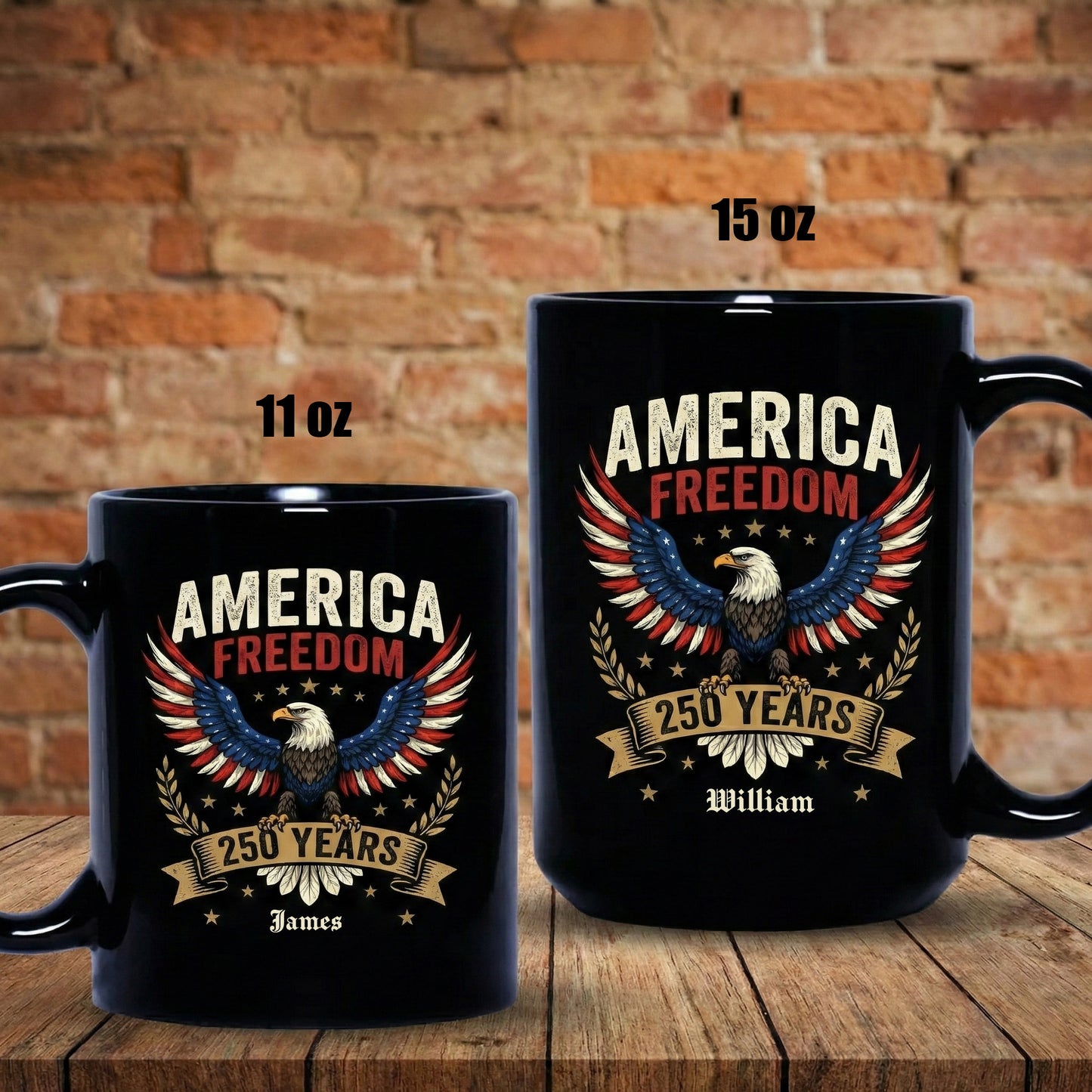 America Freedom 250 Years Personalized Black Mug – USA 1776-2026 Patriotic Eagle Anniversary Mug