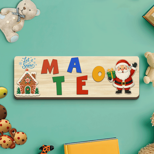 Personalized Santa and gingerbread Christmas wooden puzzle board with custom name