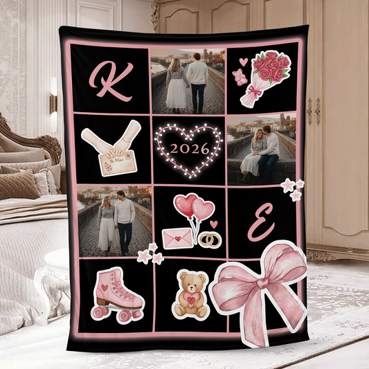 Personalized memory blanket with pink initials, couple photos, roller skate, balloons and bow design in an elegant bedroom
