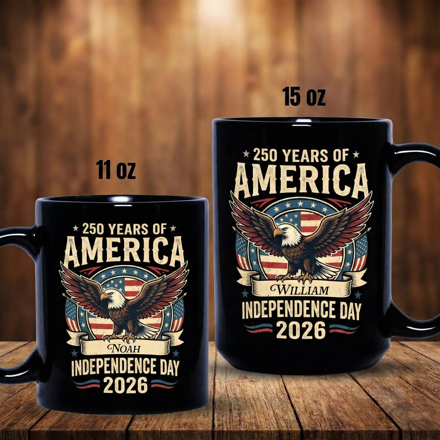 America 250 Independence Day 2026 Personalized Black Mug – Custom Name Patriotic Eagle USA Mug