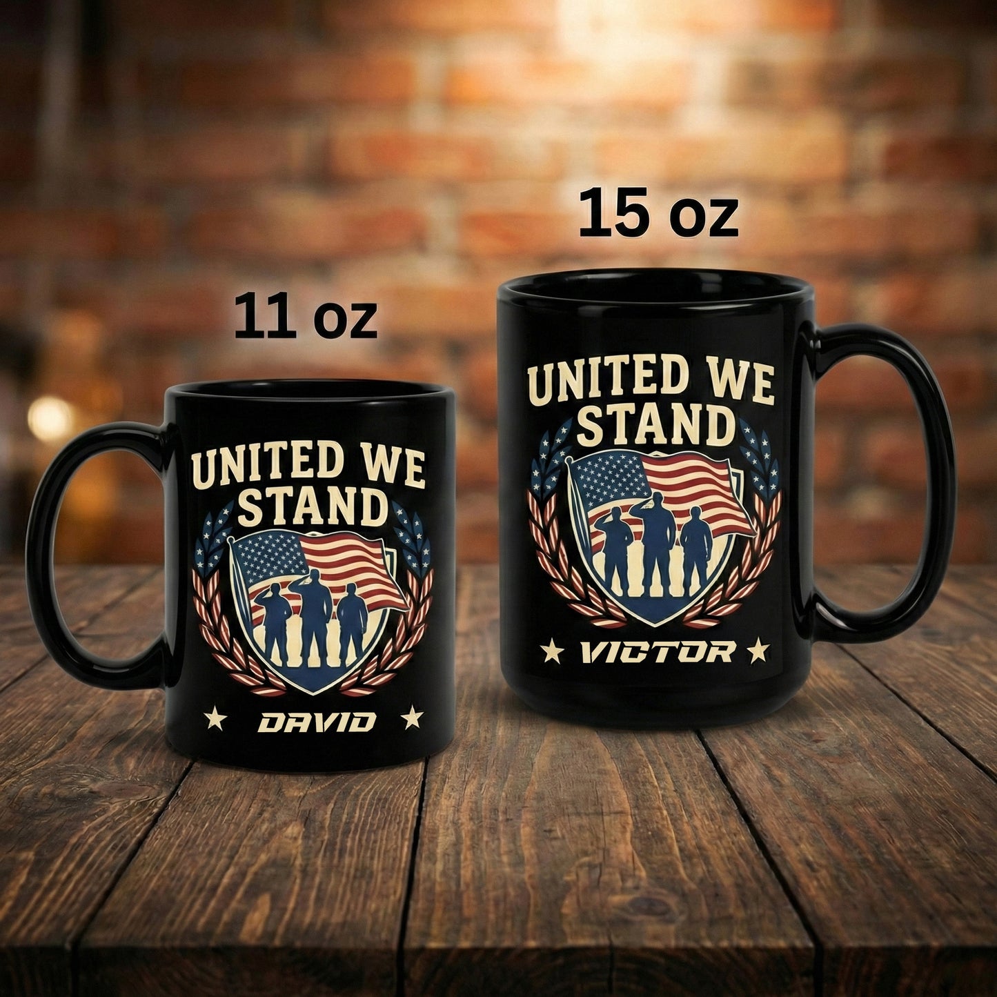 United We Stand Patriotic Veteran Black Mug – Personalized USA Military Tribute Mug
