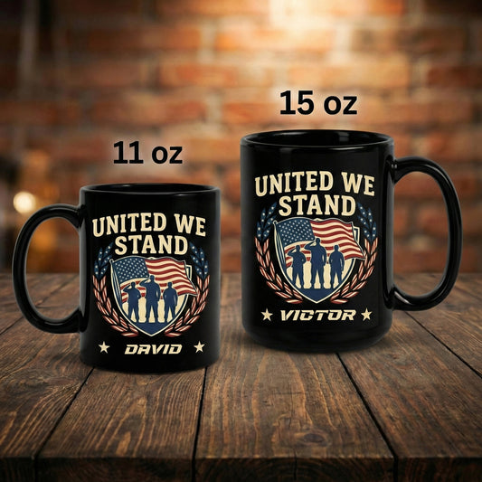 United We Stand Patriotic Veteran Black Mug - Personalized USA Military Tribute Mug