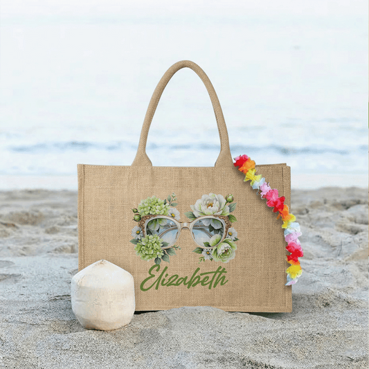 Personalized Sunglass Floral Linen Tote - Custom Name Bag