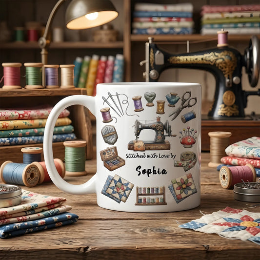 Sewing Love & Thread Design - Personalized Sewing Mom Mug - Mother's Day Gift for Mom - Custom Name Quilter Mug