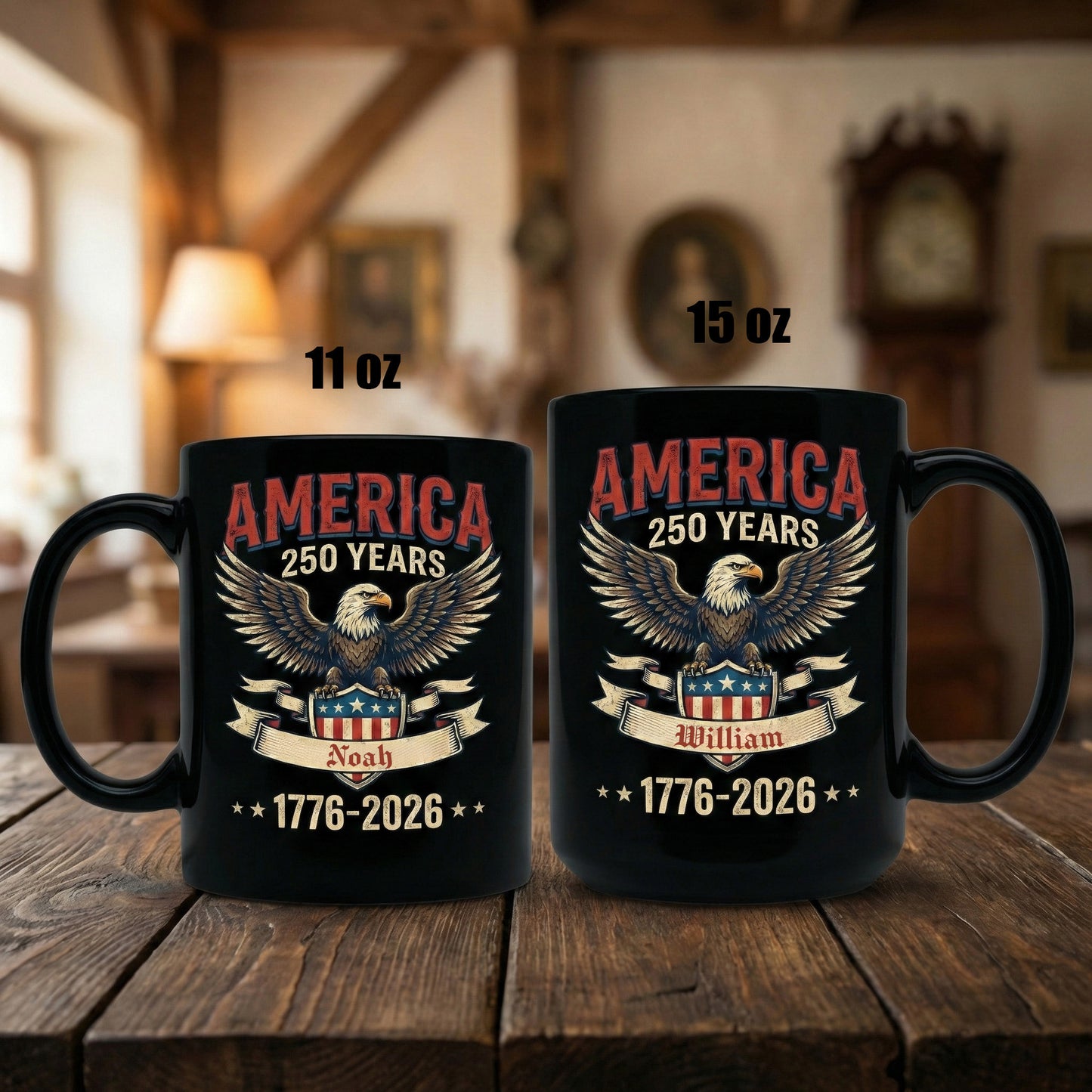 America 250 Years Patriotic Eagle Personalized Black Mug – USA 1776-2026 Independence Anniversary Mug