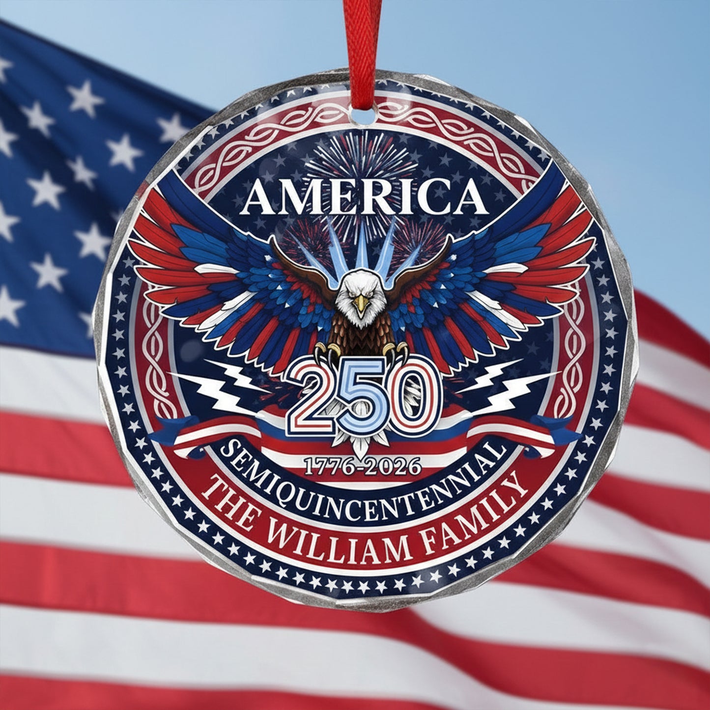 Personalized Semiquincentennial Family Name Glass Ornament – USA 250th Anniversary Keepsake