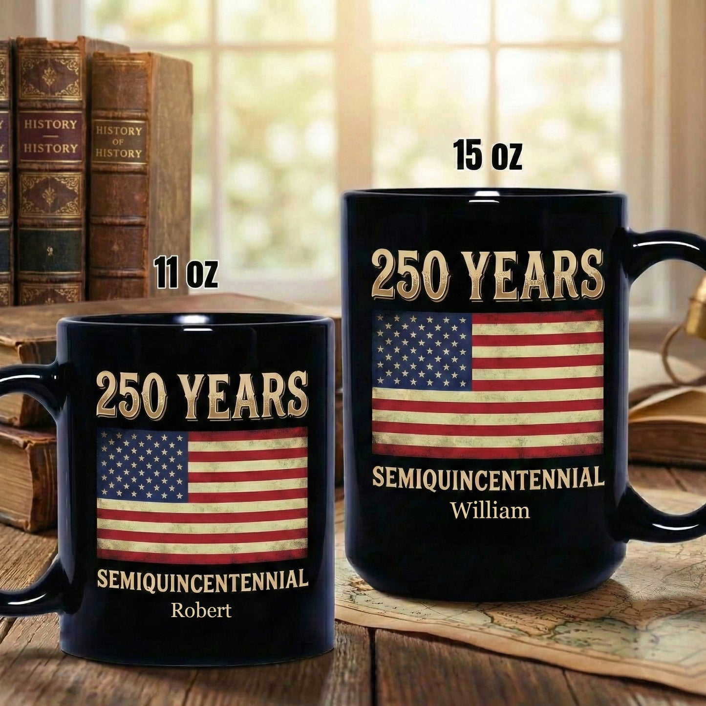 America 250 Semiquincentennial Personalized Black Mug – Custom Name Patriotic USA Flag Mug 1776–2026