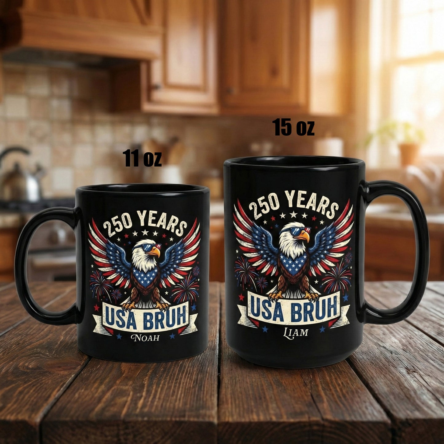 250 Years USA Bruh Personalized Black Mug – Funny Patriotic Eagle 1776-2026 Custom Name Mug