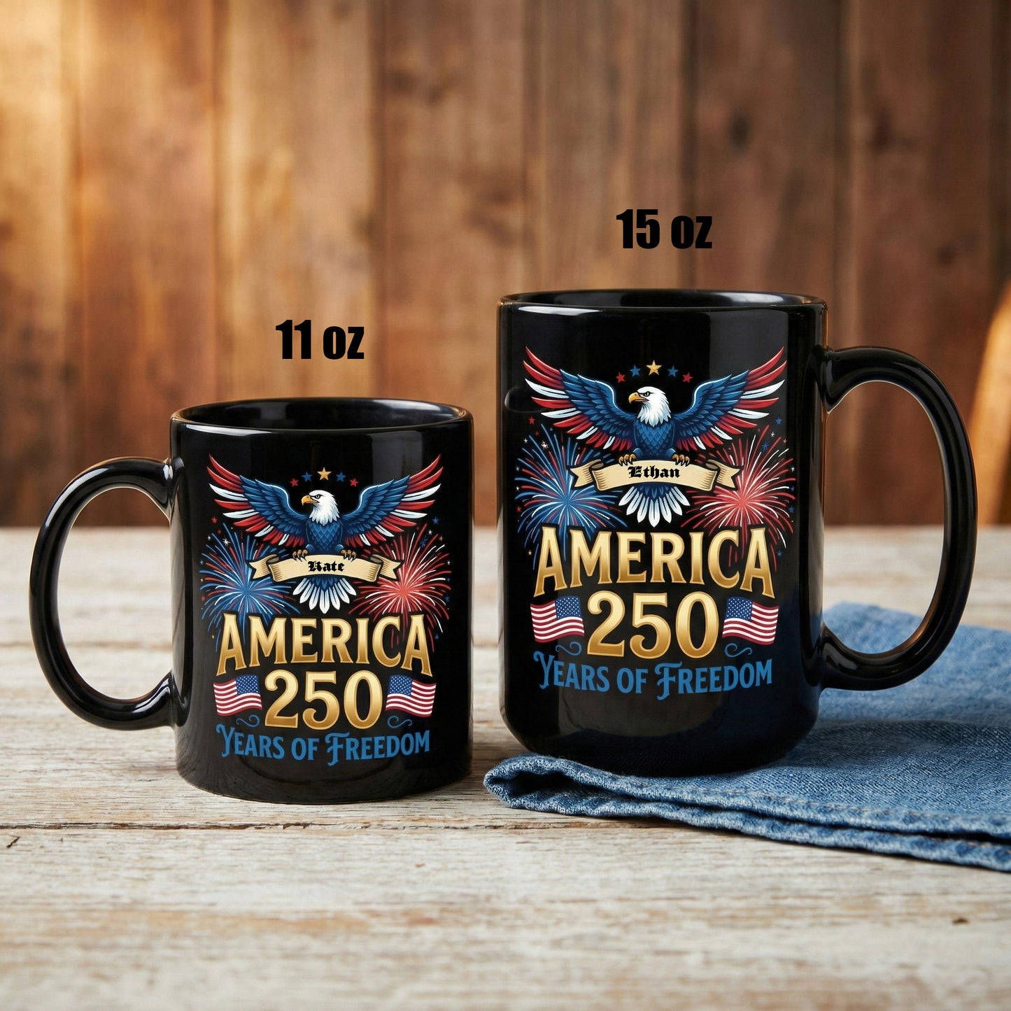 America 250 Years of Freedom Personalized Black Mug – Custom Name Patriotic Fireworks 1776–2026 Mug