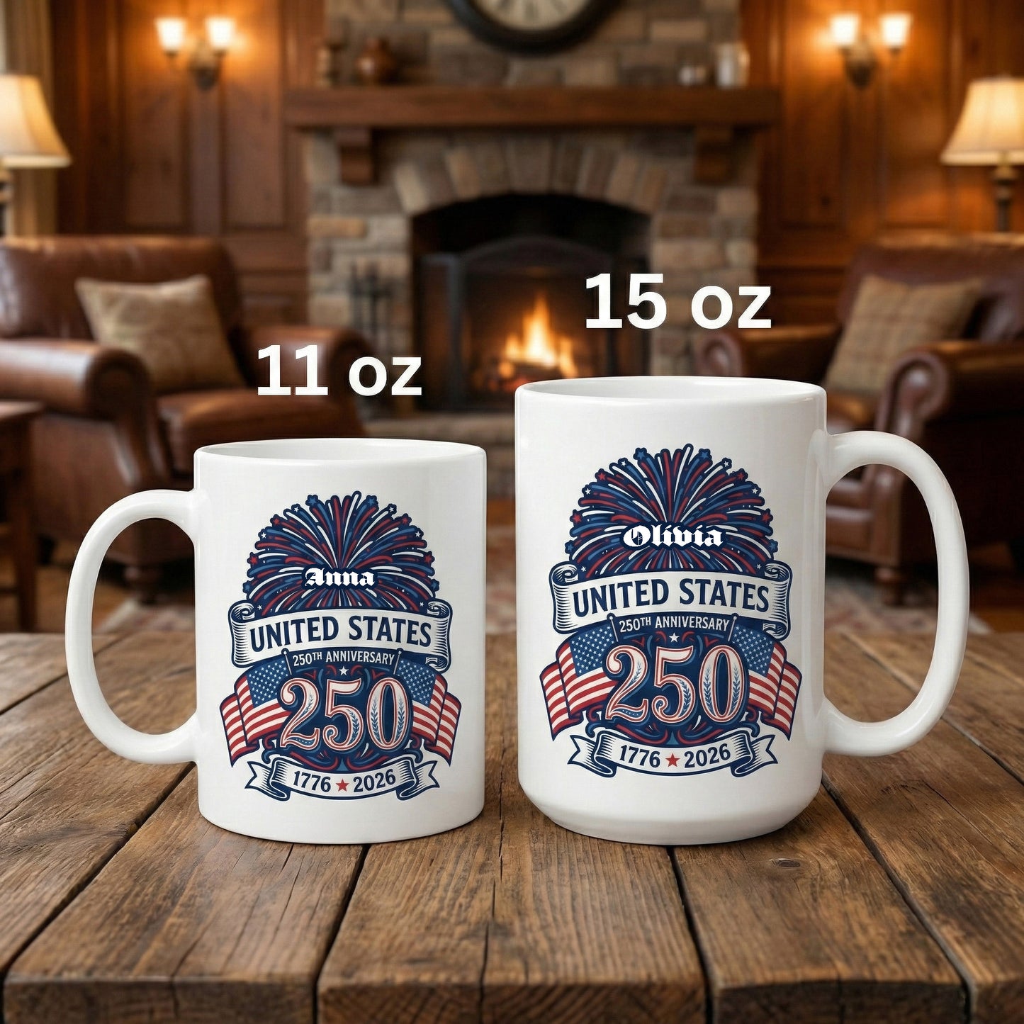 United States 250th Anniversary Personalized White Mug – Custom Name America 1776–2026 Fireworks Mug