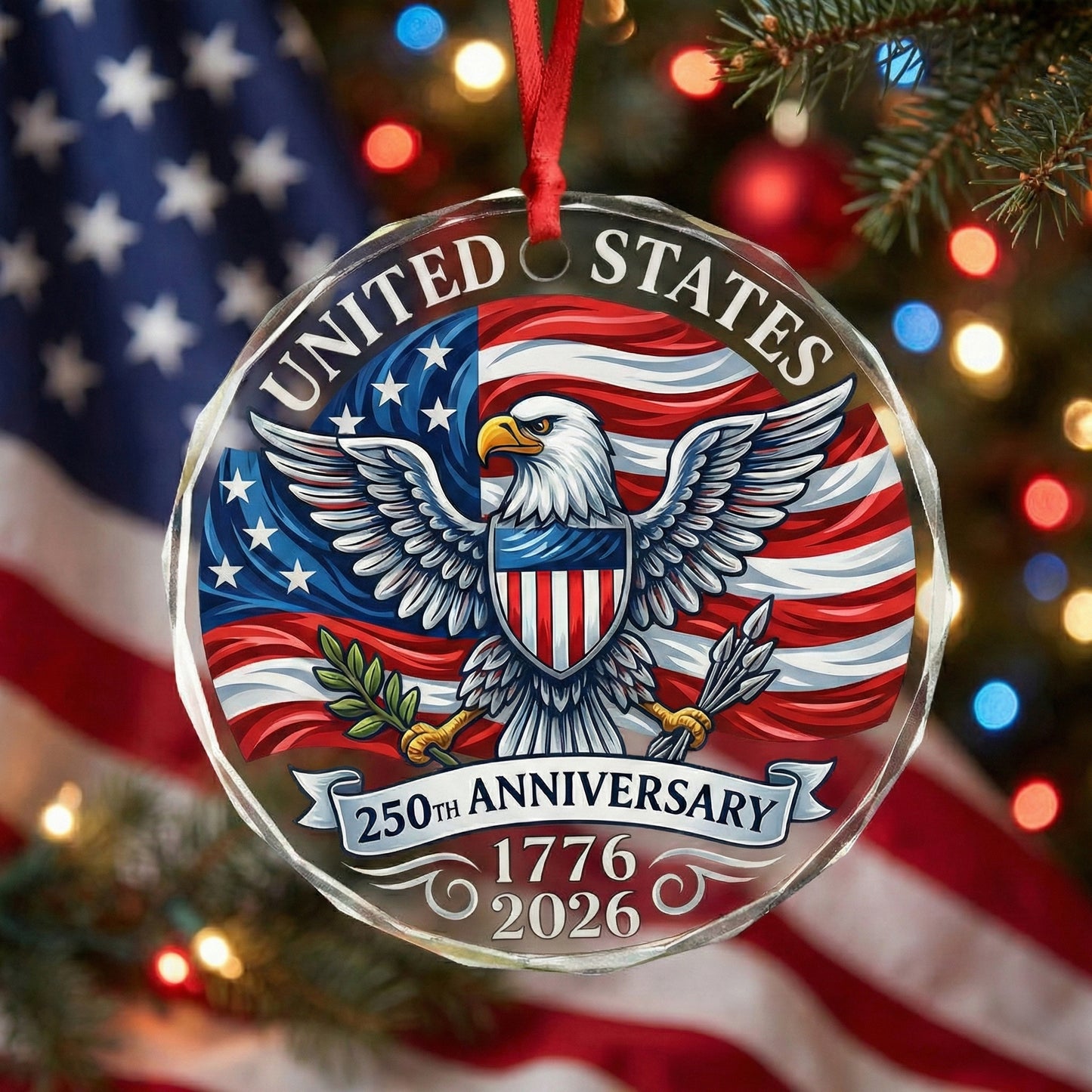 250th Anniversary USA Glass Ornament – Patriotic 1776–2026 Keepsake