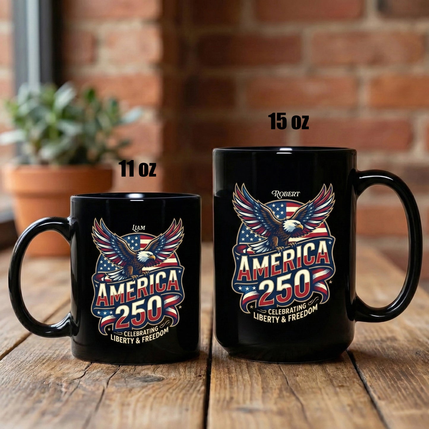 America 250 Celebrating Liberty & Freedom Personalized Black Mug – Custom Name Patriotic Eagle Mug