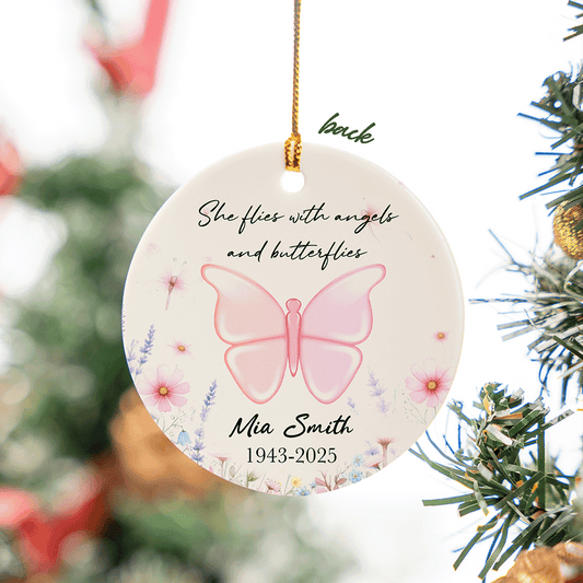 Fly with Angel butterfly memorial ornament hanging on a tree