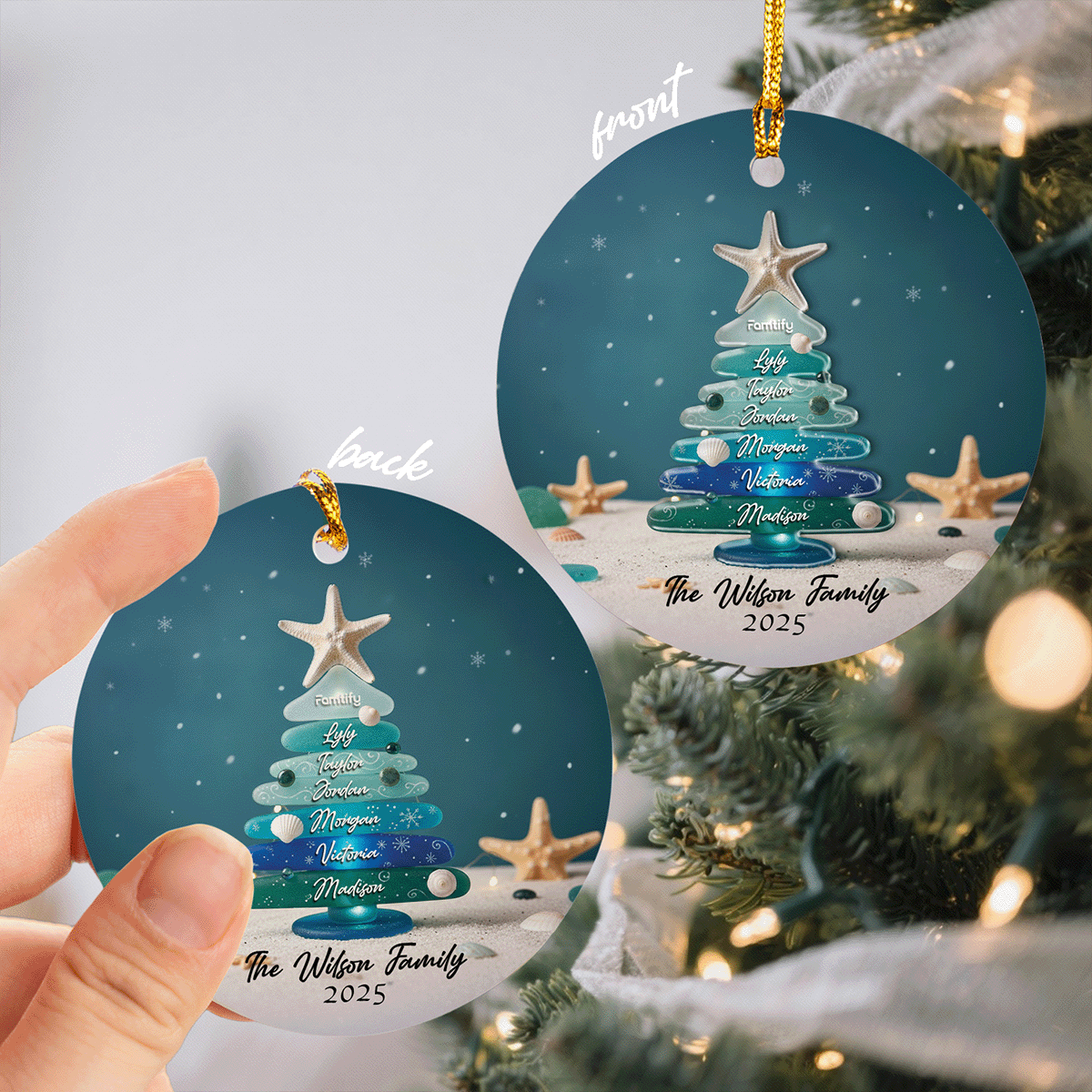 Personalized Family Name Sea Glass Themed Ceramic Acrylic Ornament