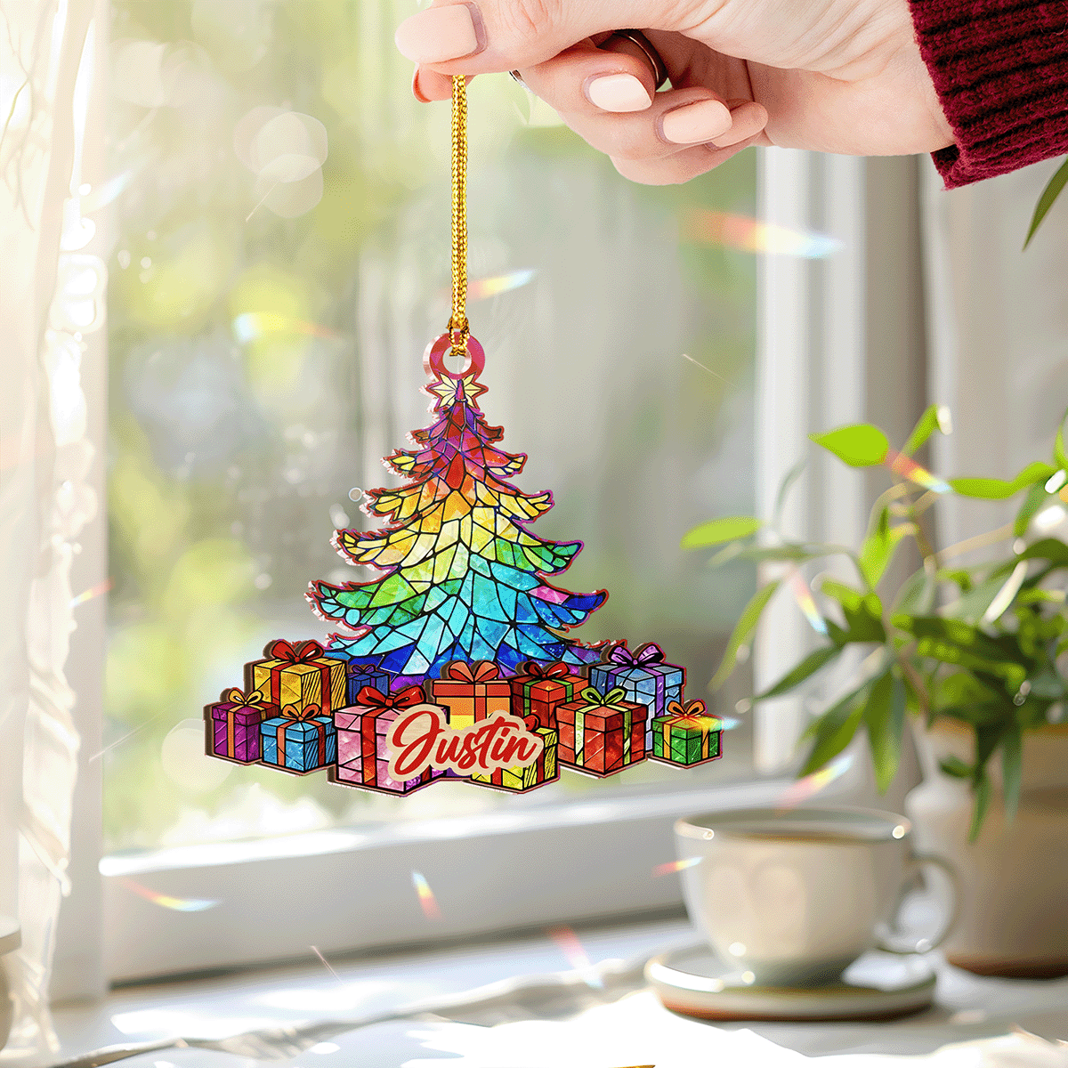 Personalized Rainbow Christmas Wood And Hologram Ornament
