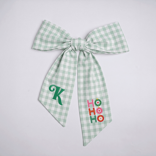 Custom Letter Christmas Ho Ho Ho Embroidered Linen Wreath Sash, Personalized Monogram Festive Ornament Bow Sash for Front Door Decor