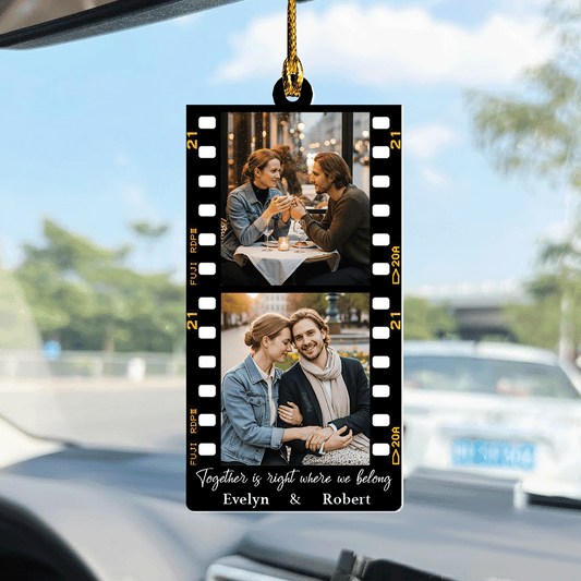 Our Story in Every Mile - Sentimental Car Gift for Couples - Personalized Film Scroll Shape Car Ornament