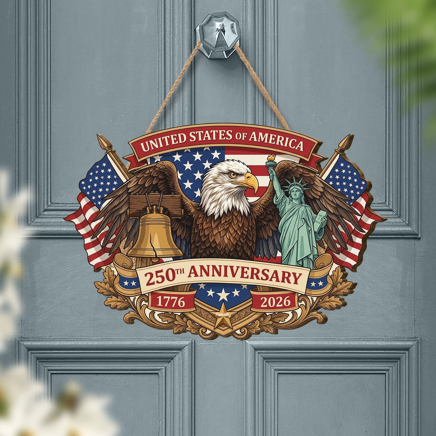 United States 250th Anniversary Patriotic Wooden Door Sign – Independence Day Decor – Personalized Family Keepsake